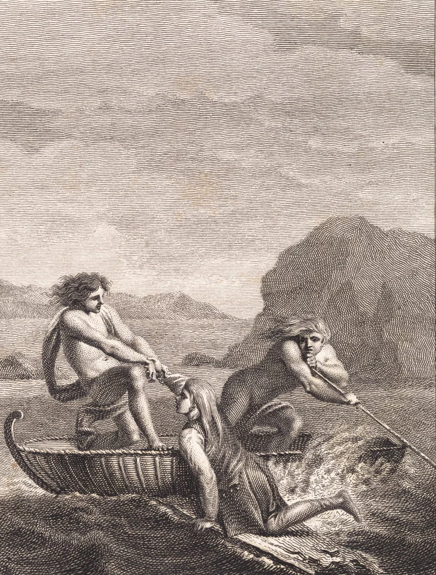 Incisione - Il naufrago Niels Klim viene salvato da due Qvamite su una barca, Statens Museum for Kunst